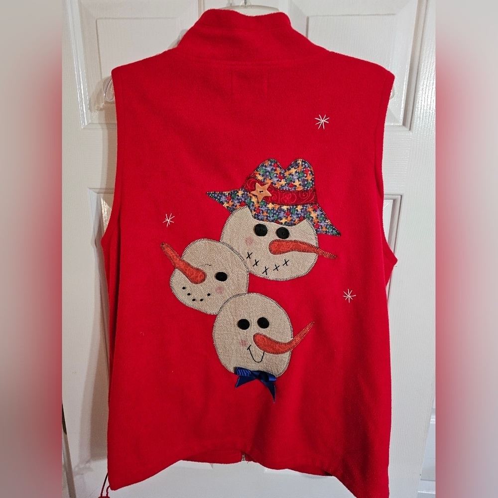 Nyl Wear Red Fleece Holiday Vest 1X Snowmen Mittens Appliqué Christmas Novelty - Picture 3 of 6